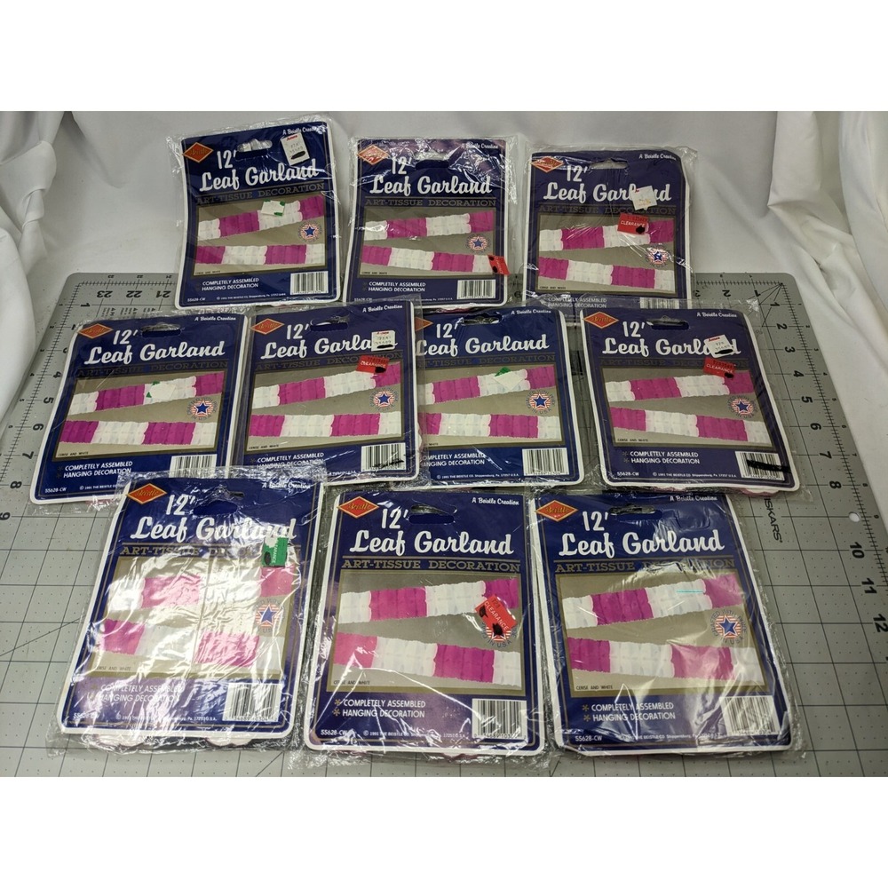 Beistle 12 Foot Leaf Garland Cerise White 55628 1991 Lot of 10